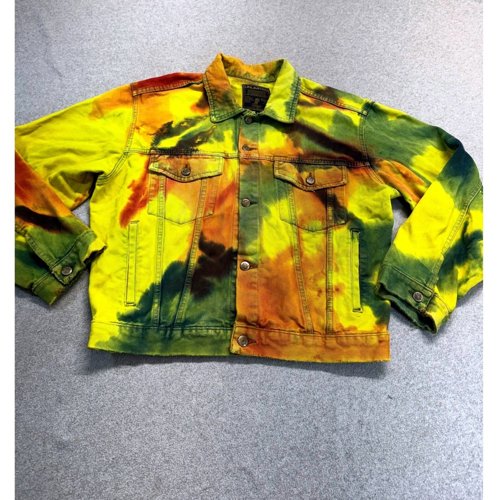 Unlimited Tie Dye Denim Jacket M Yellow Green Rasta Festival Streetwear Trucker